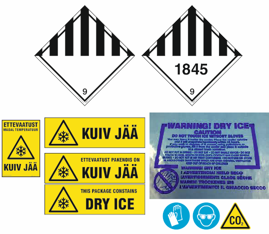 Kuiv jää ohutusmärgistus, dry ice safety signs